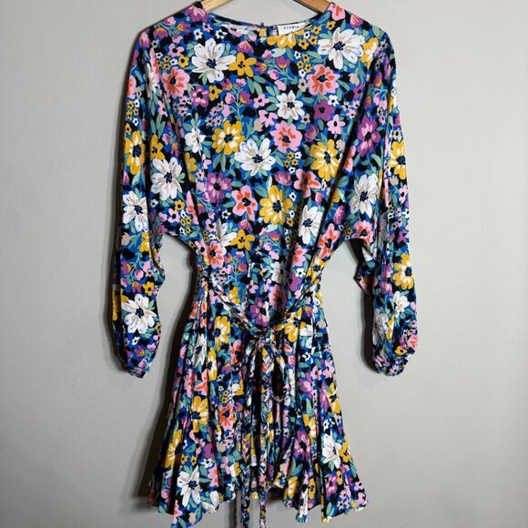 Storia Balloon Sleeve Floral Mini Swing Dress Women's Small Multicolor Belted - Picture 5 of 13